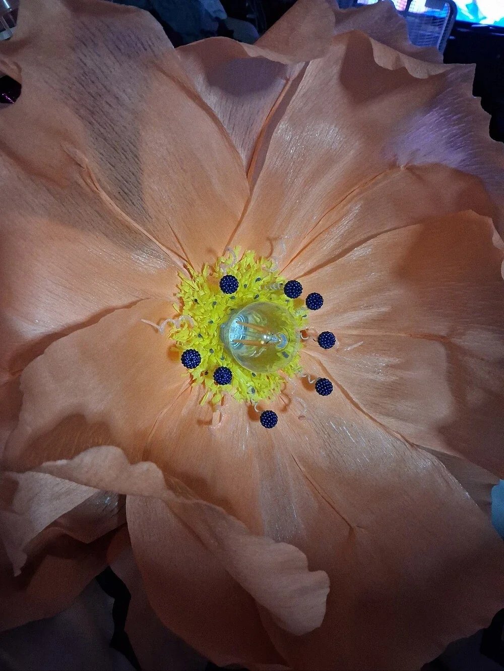 Handcrafted Coral Italian Crepe Paper Flower Hanging Lamp, LED